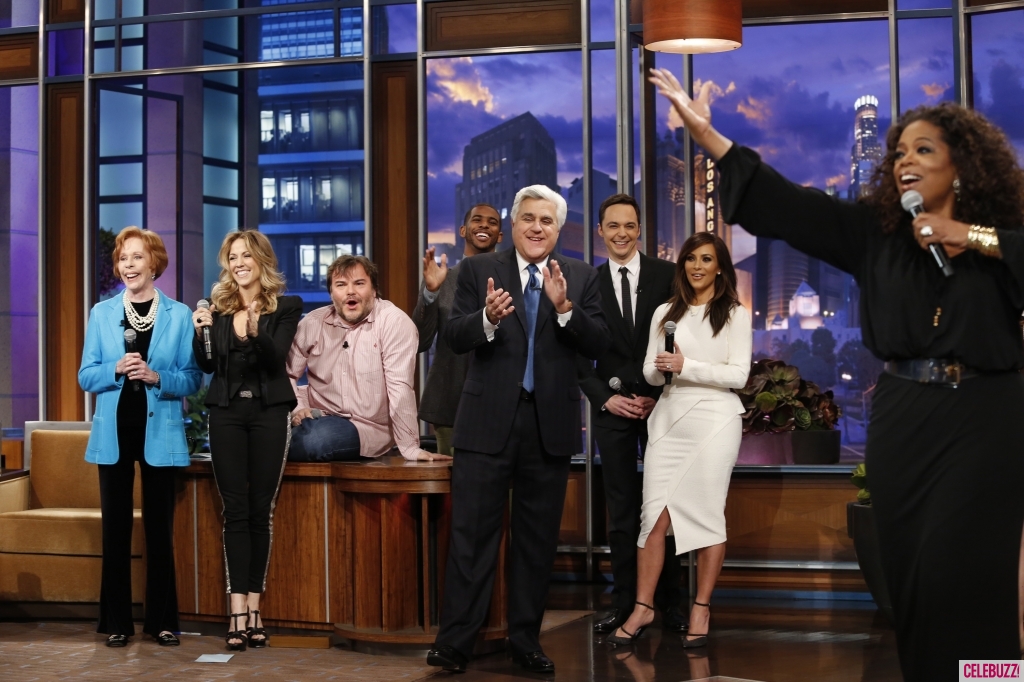 Kim Kardashian, Jack Black, Oprah and more stars sang a “So Long, Farewell” parody to Jay Leno on his final “Tonight Show” episode.